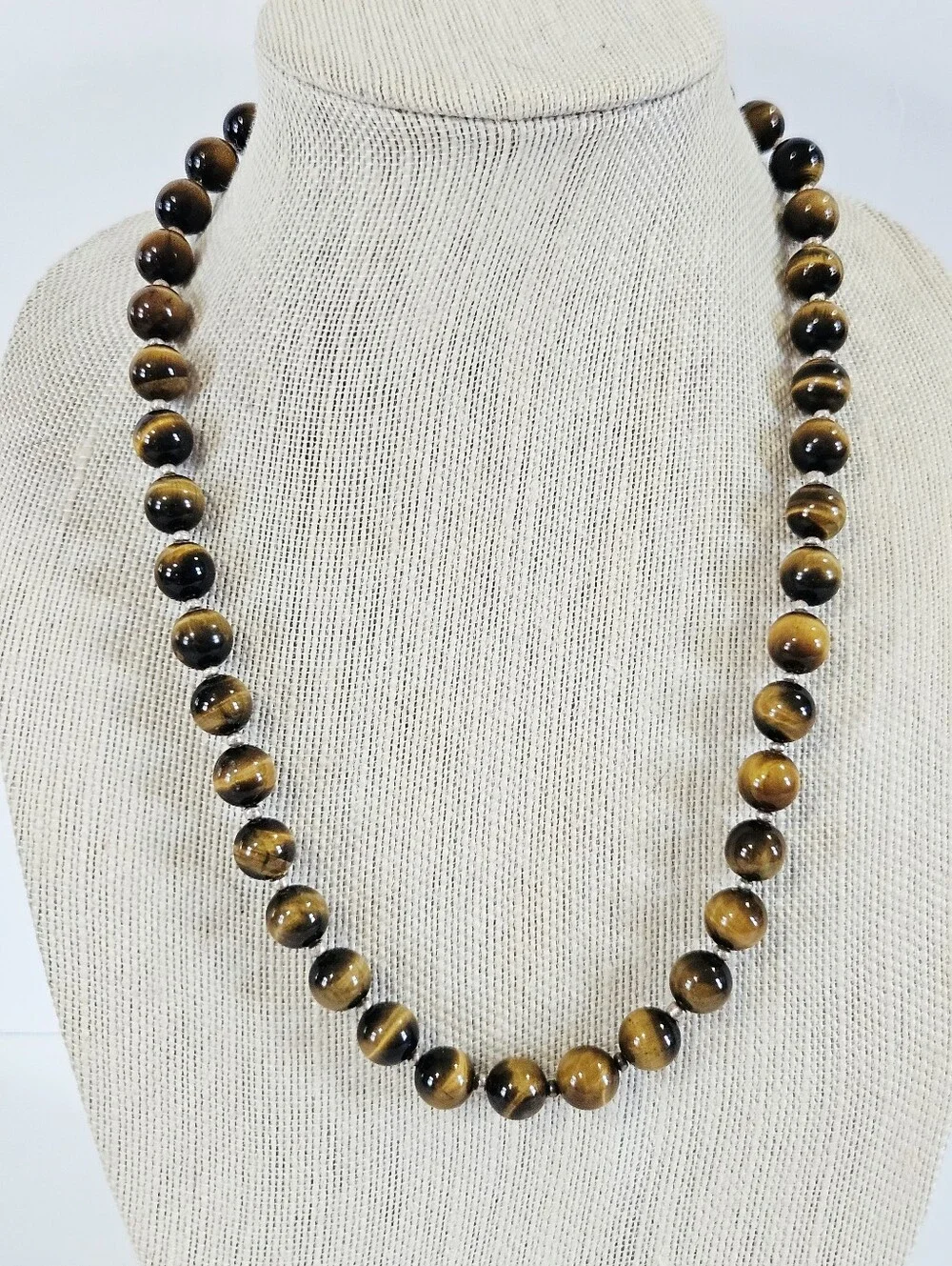 Vintage Tigers Eye Chatoyant Sterling Silver Clasp Long Round Beaded Necklace